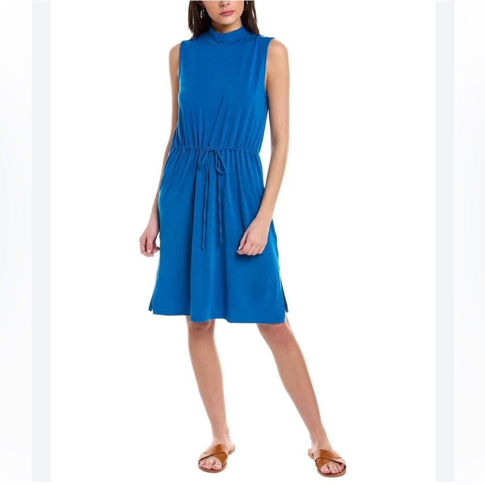NWT Eileen Fisher Marne Mock Neck Sleeveless Blue Drawstring Shift Dress Coastal